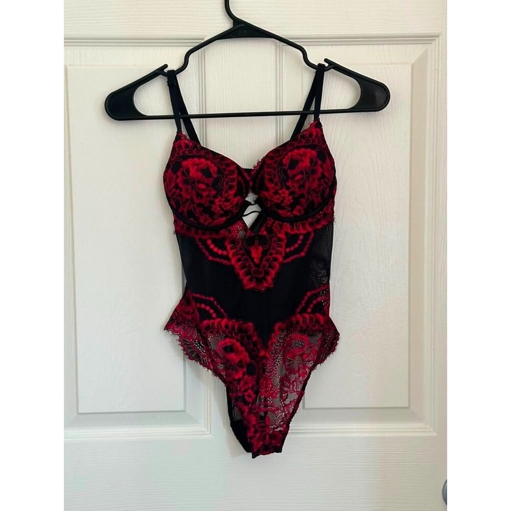 La Senza Red Black Lace Mesh Teddy Bodysuit Lingerie Underwire Size S